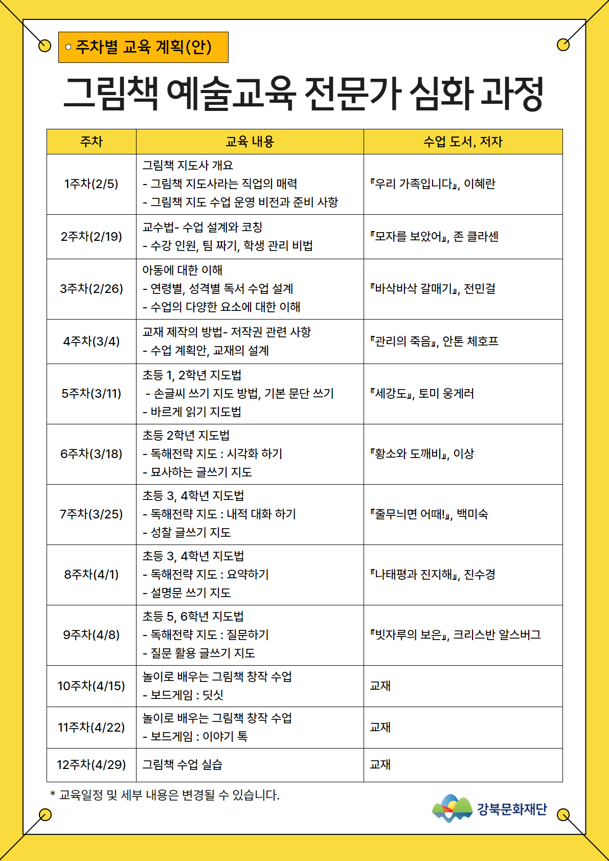 강북문화대학 문화예술교육 전문가 과정 <그림책 예술교육 전문가 심화 과정> 참여자 모집 공고문